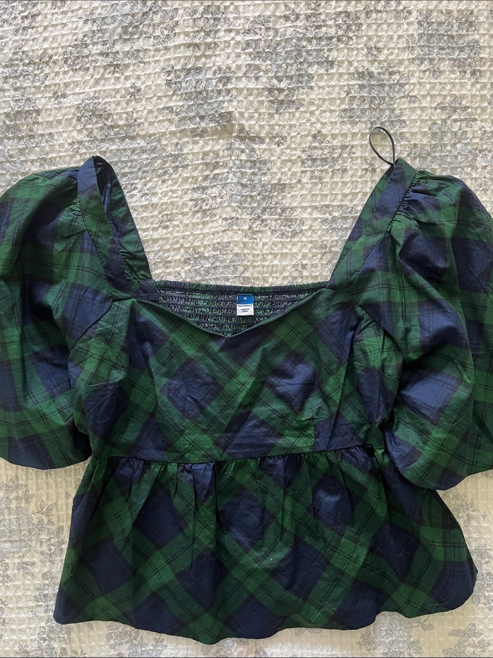 Old Navy Green and Navy Plaid Puff Sleeve Blouse